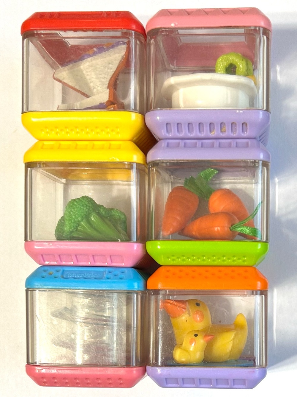 6 Vintage Fisher-Price Peek-A-Boo Blocks. Mostly Food Themed.  Set #5